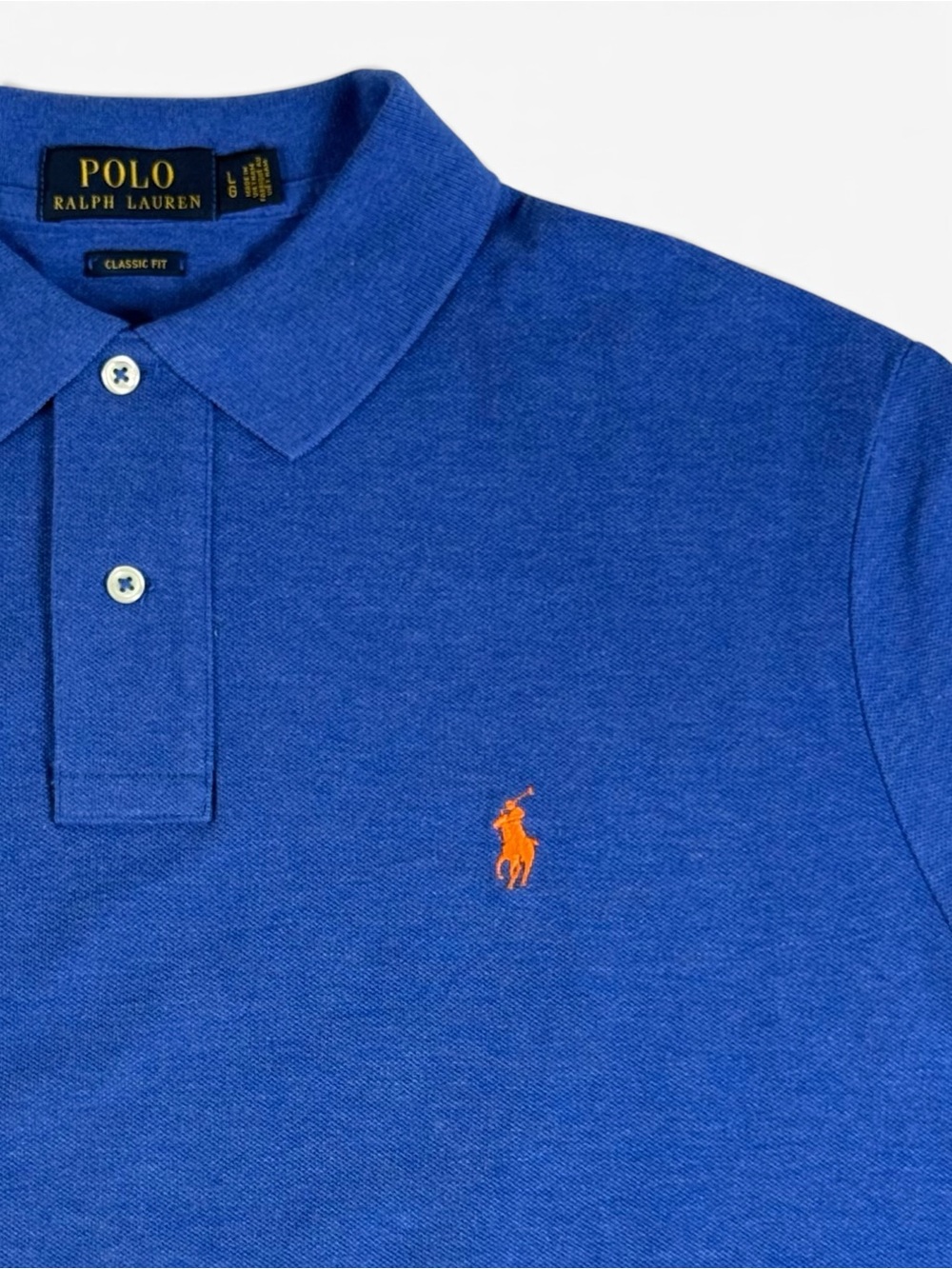 Polo Ralph Lauren Mens L Classic Fit Blue Cotton Polo Shirt Orange Pony - Picture 6 of 10